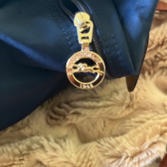 Longchamp Navy Le Pliage Backpack with brown flap and handles - Picture 3 of 5